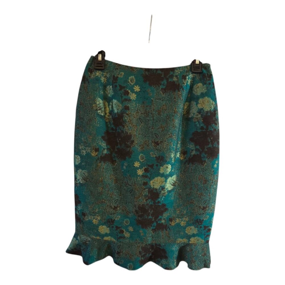 BANU PARIS FLORAL BROCADE SKIRT SIZE 6 TEAL BROWN PRINT BOTTOM RUFFLE HEM